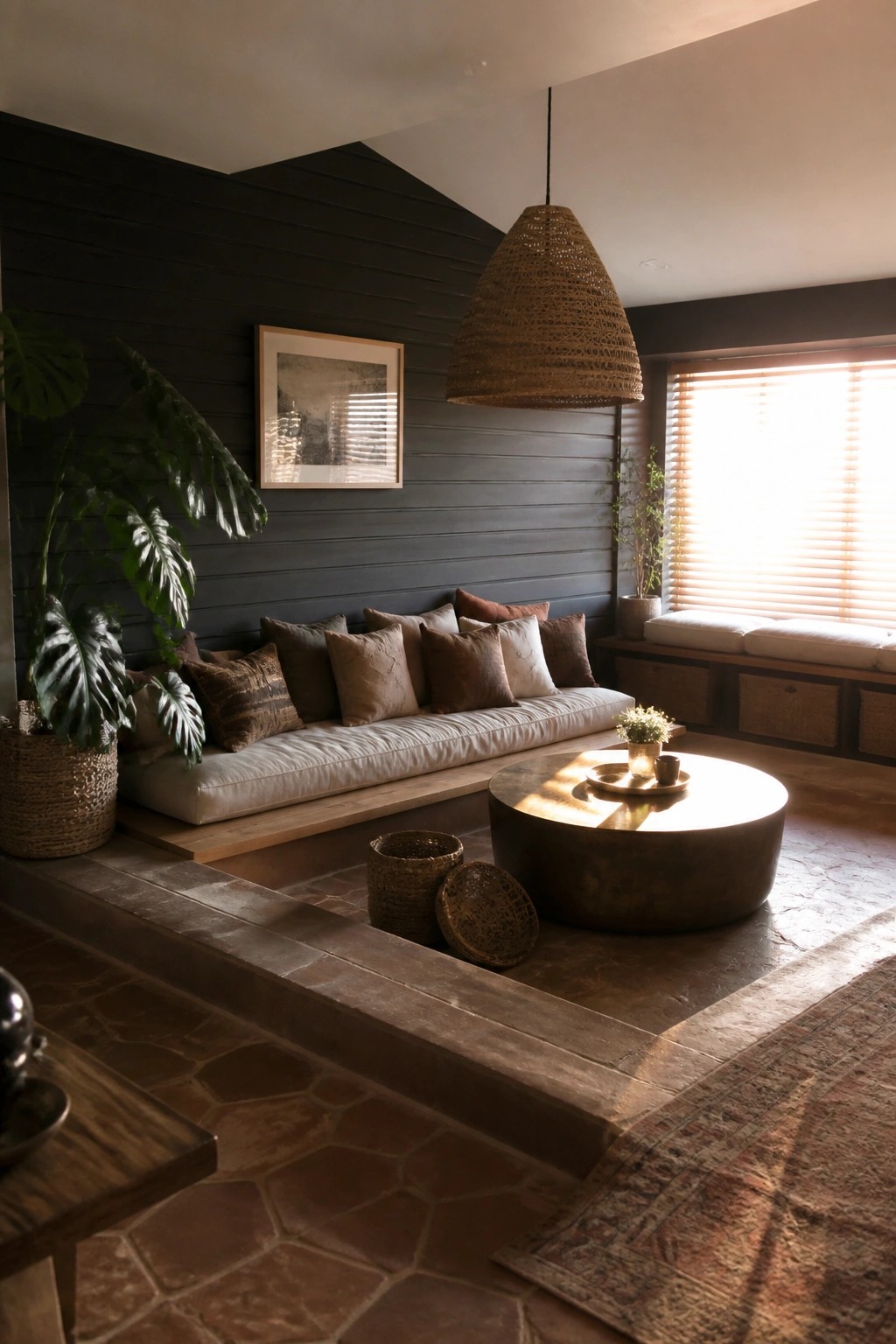 Sunlit lounge with built-in bench, dark walls, round coffee table, and woven pendant light.