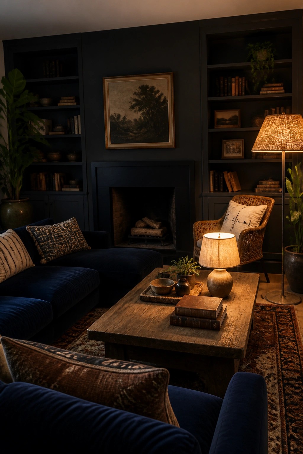 A living room interior with a dark charcoal wall, built-in bookshelves flanking a fireplace, a blue velvet sectional sofa, a wooden coffee table, and warm lighting from table and floor lamps.