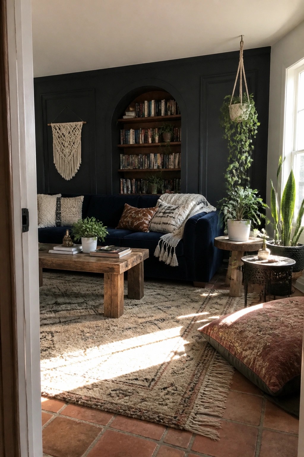 A living room featuring a dark charcoal wall with an arched built-in bookshelf filled with books and plants, a blue velvet sofa, wooden coffee table, and layered rugs on terracotta tile.