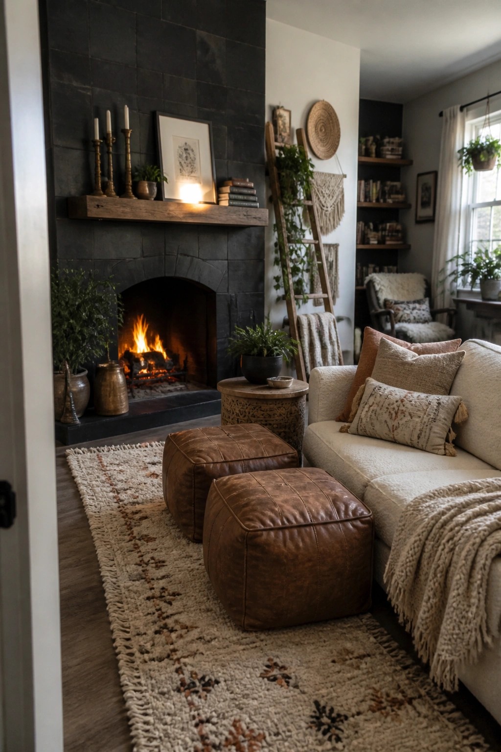 A living room with a dark charcoal tiled fireplace wall, wooden mantel, burning fire, leather ottomans on a patterned rug, and a light sofa with pillows.