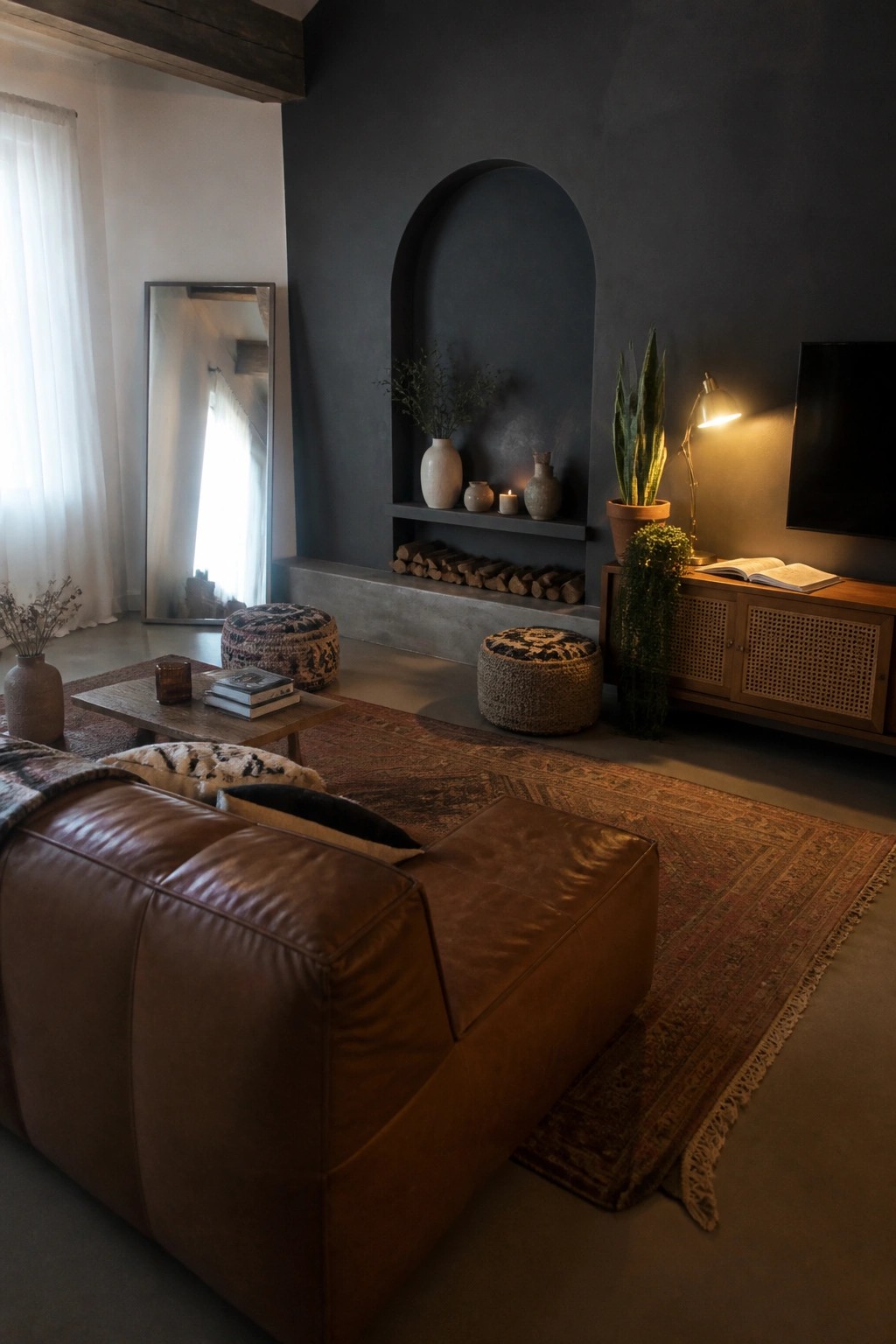 A living room with a dark charcoal feature wall containing an arched niche with shelves and a recessed log storage area, next to a brown leather sofa and patterned rugs.