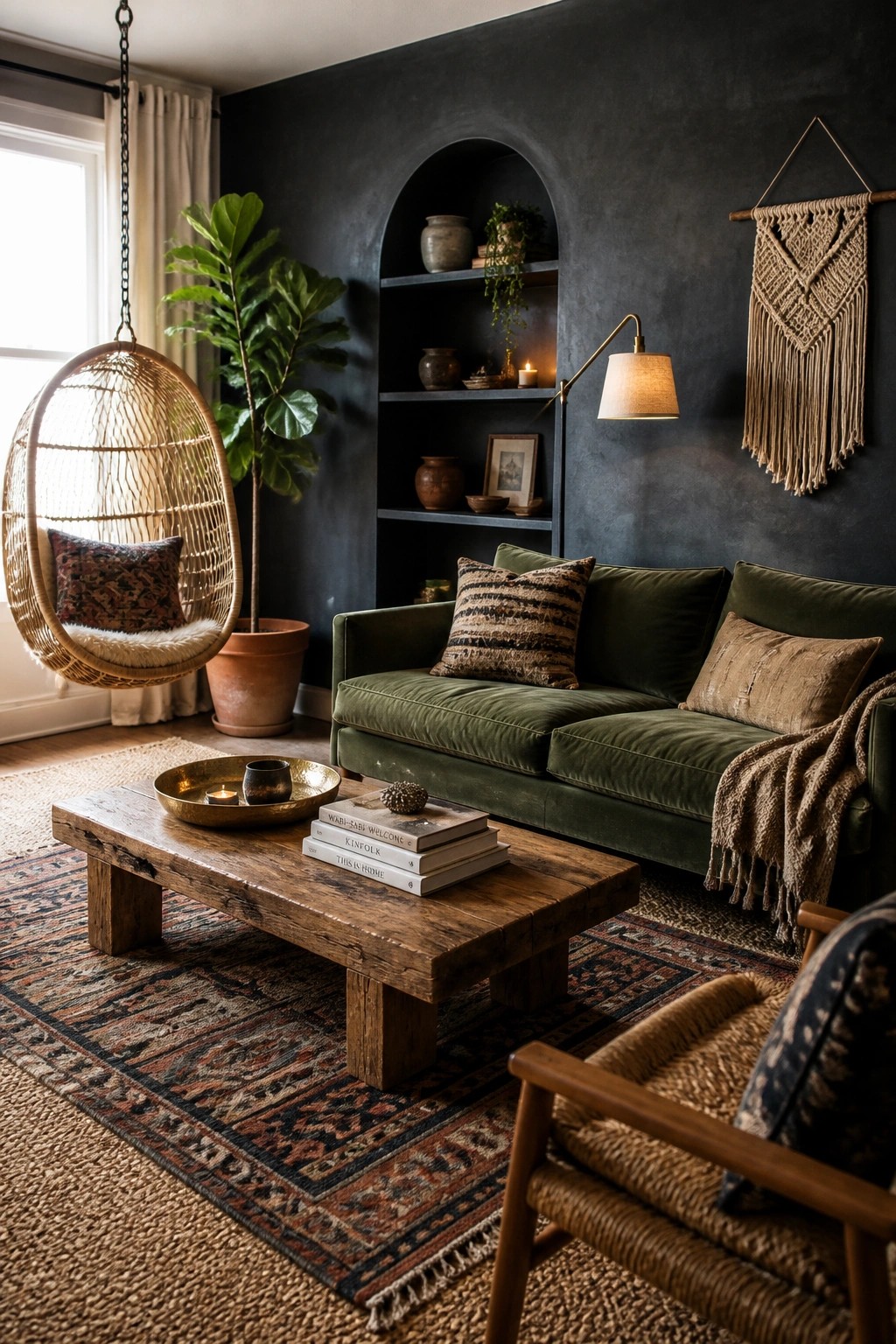 A living room featuring a dark charcoal wall with an arched built-in shelf unit above a green velvet sofa, a rustic wooden coffee table on a patterned rug, and a hanging wicker chair beside a potted plant.