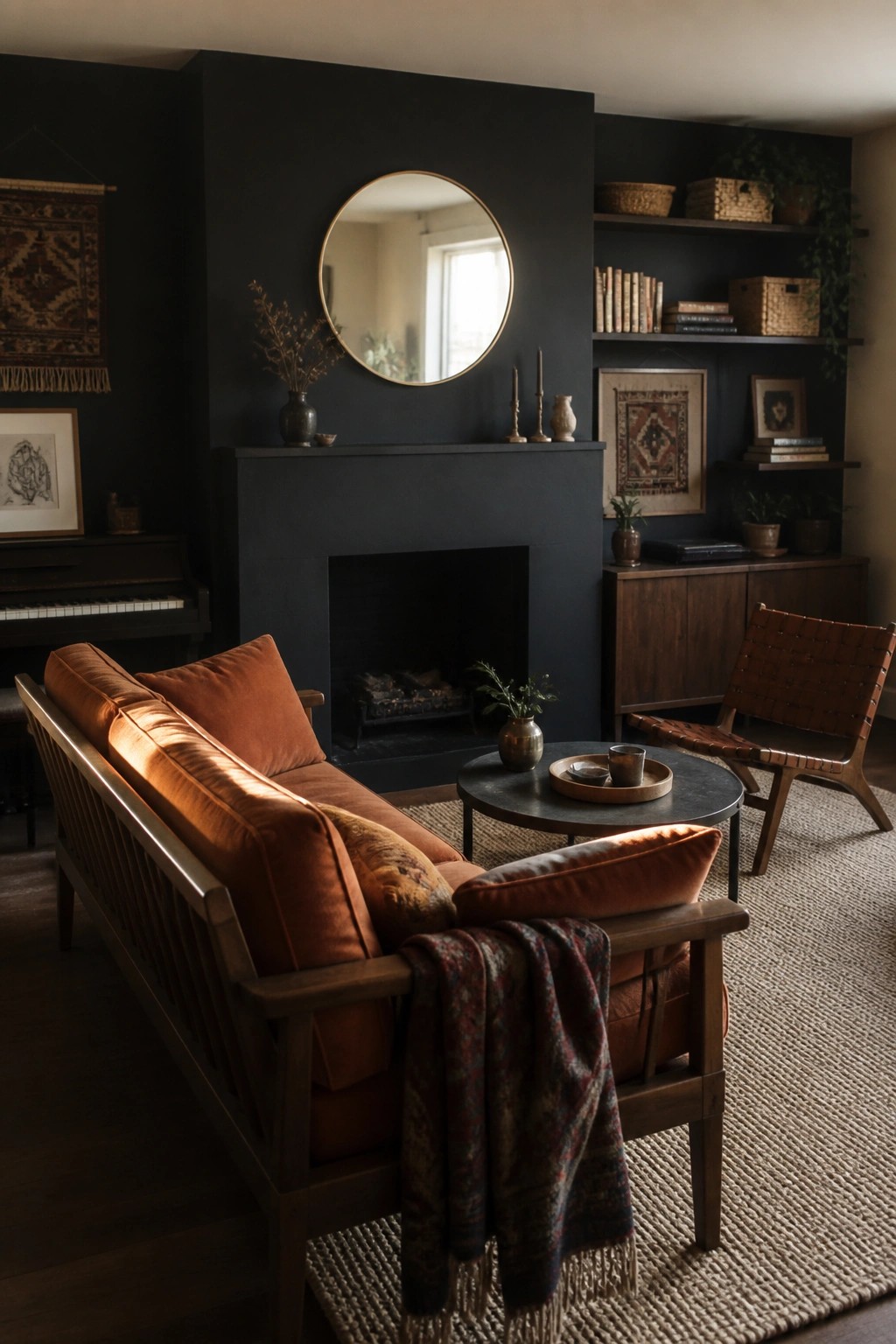 A living room with a dark charcoal wall centered on a fireplace, a round mirror above the mantel, an orange velvet sofa, and wooden furniture on a woven rug.