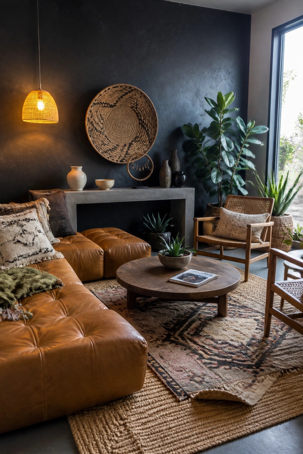 A living room with a dark charcoal wall, brown leather sectional, round wooden coffee table on layered rugs, woven wall basket, concrete console, and potted plants.
