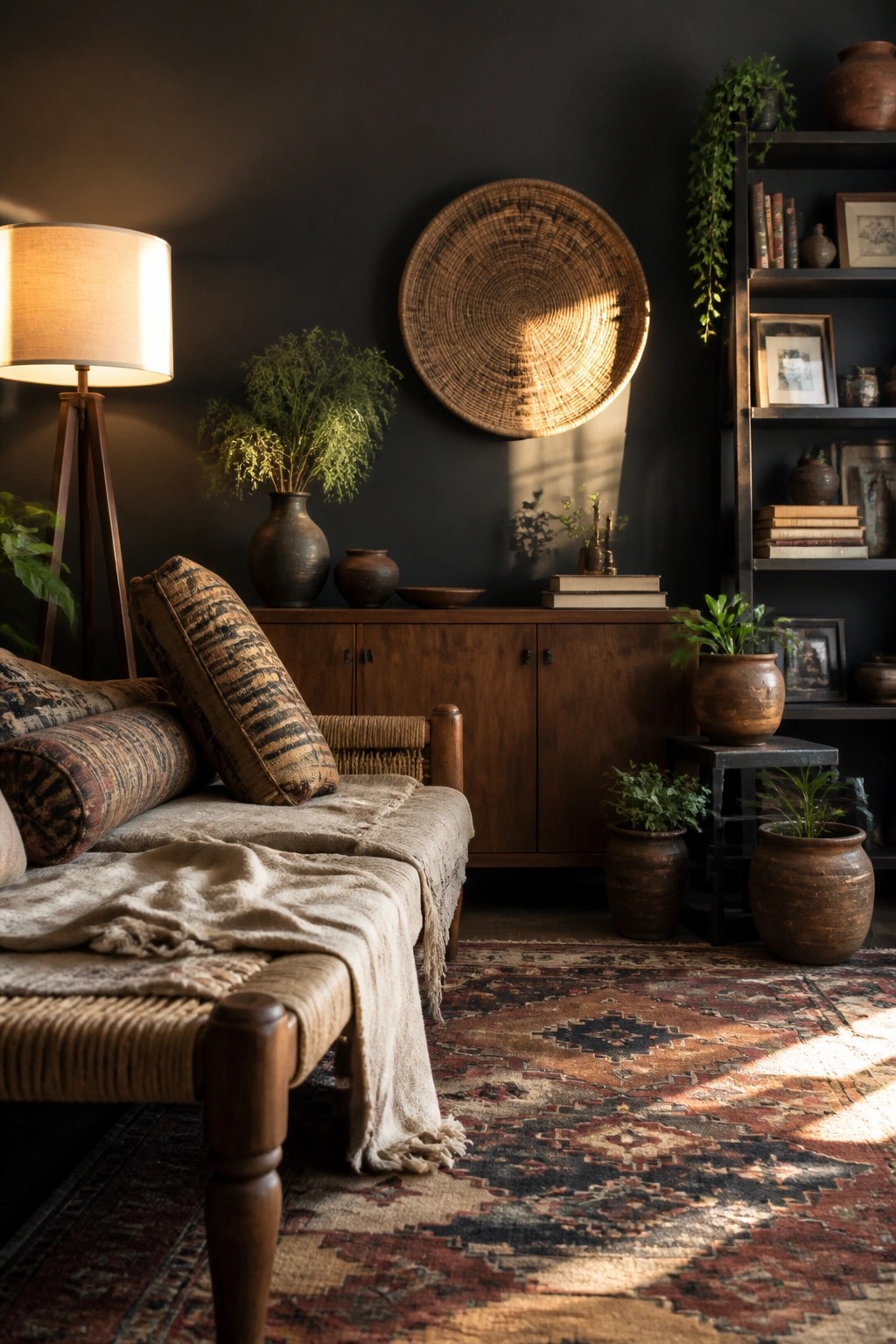 A living room scene with a dark charcoal wall, a large round woven wall hanging, a wooden sideboard, a woven daybed with patterned pillows, and several clay pots with plants on a patterned rug.