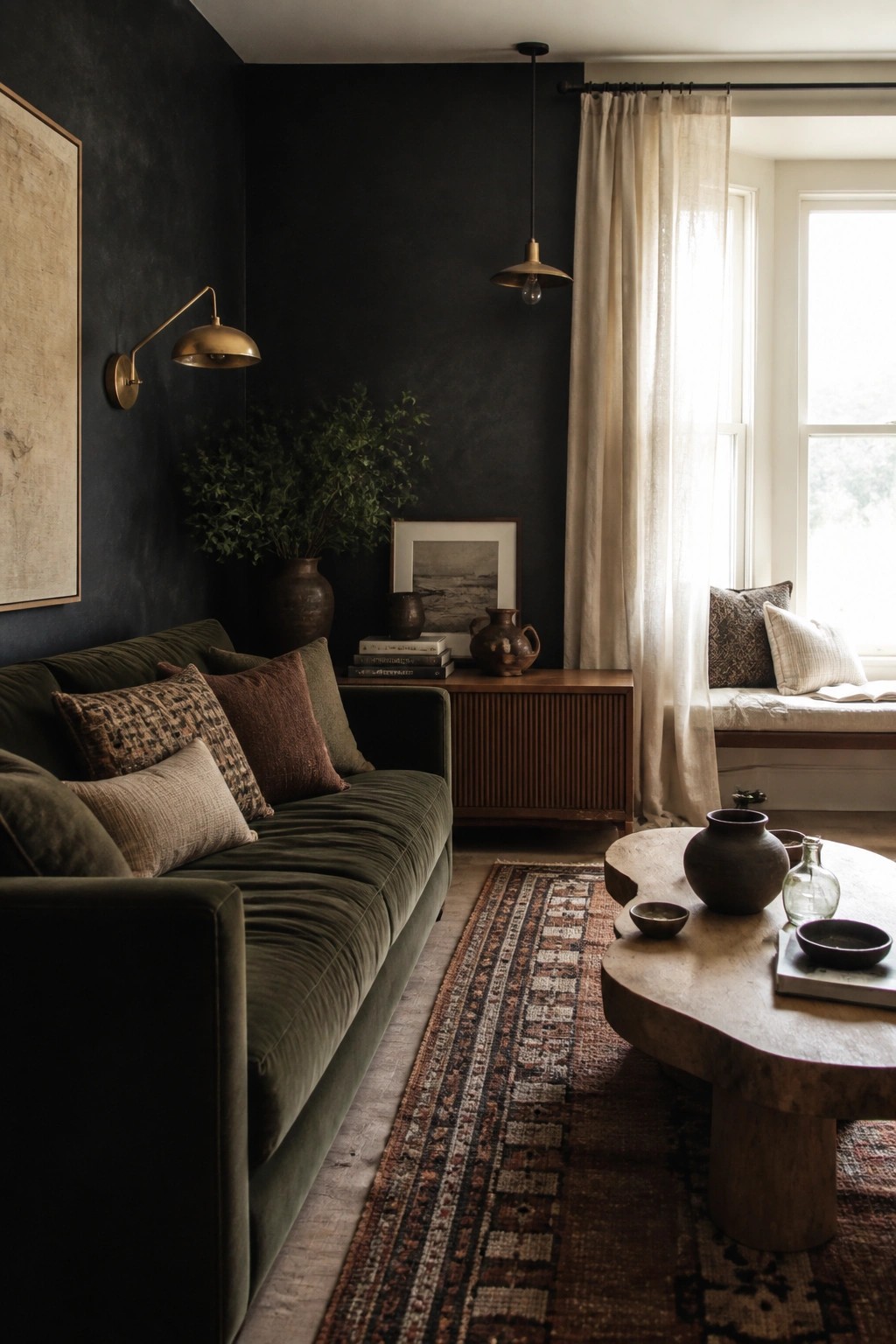 A living room featuring a dark charcoal wall behind a green velvet sofa, with a wooden console table, patterned rug, and a round wooden coffee table.