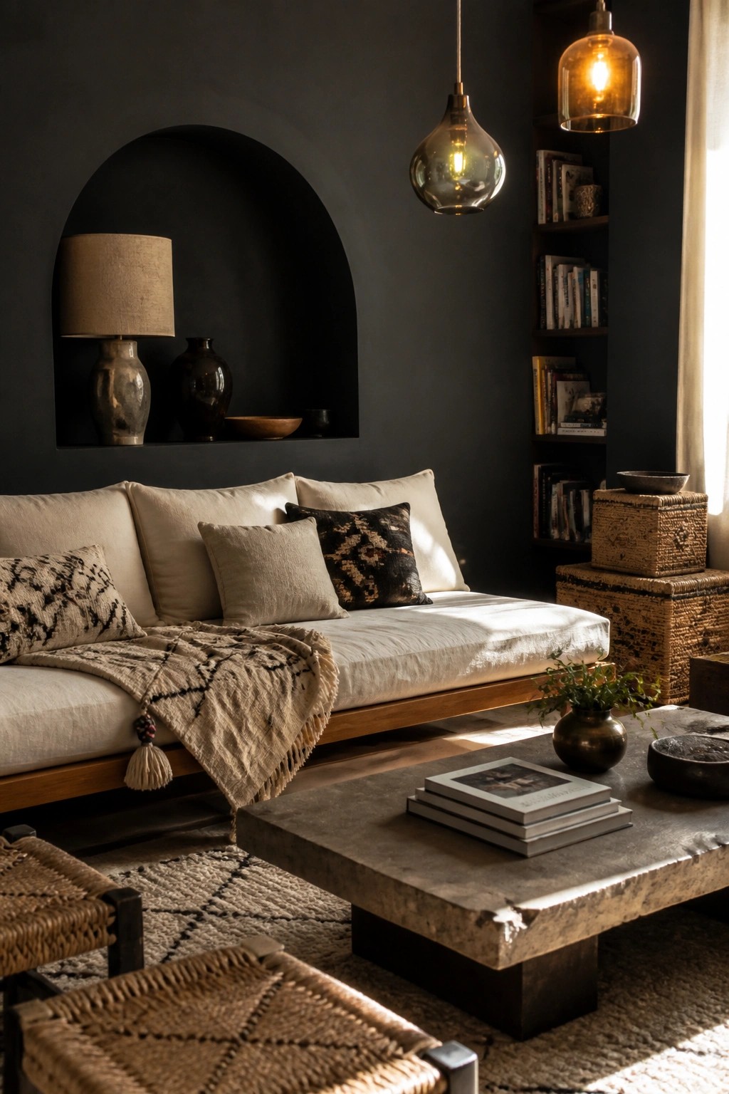 A living room with a dark charcoal wall featuring a large arched niche holding two ceramic lamps and vases, a light linen sofa in front, a concrete coffee table, woven stools, and two glowing glass pendant lights.
