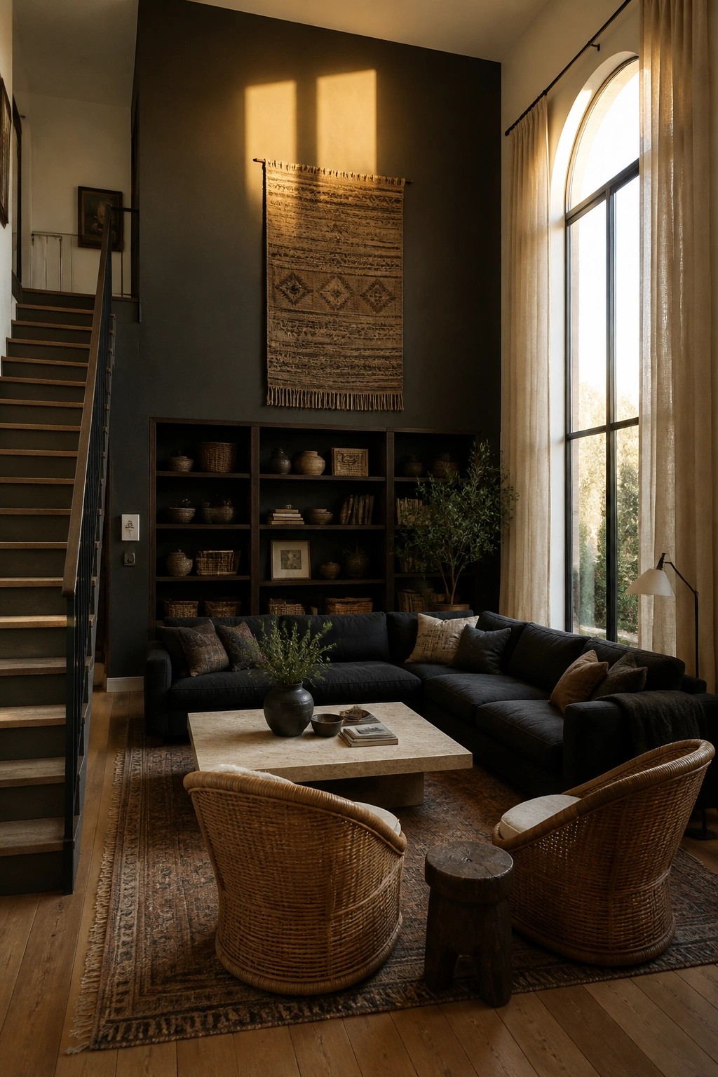 A living room interior with a tall charcoal feature wall holding built-in shelves filled with baskets and books, a large woven wall hanging centered above a dark sectional sofa, and two wicker chairs around a stone coffee table on a patterned rug.