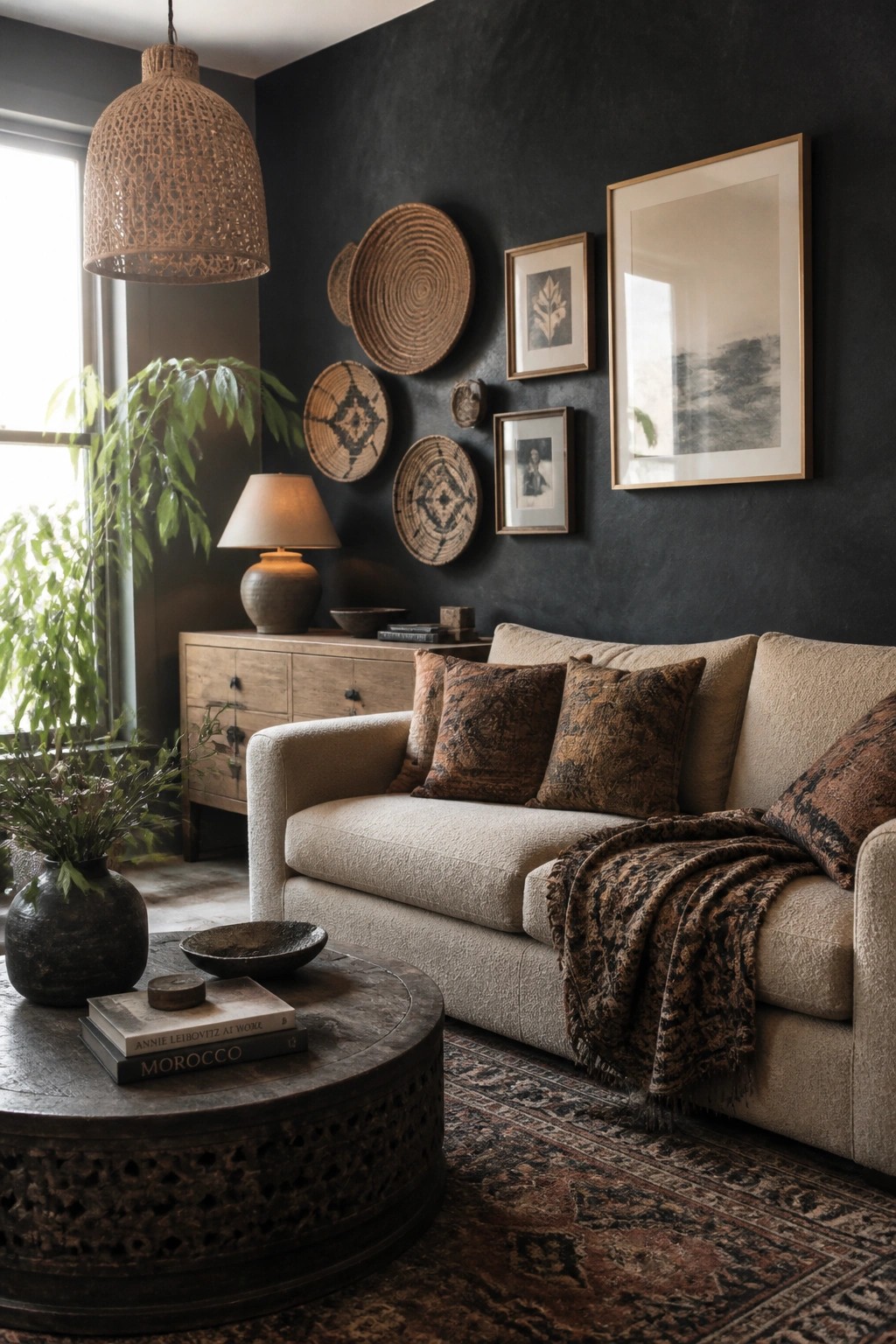 A living room featuring a charcoal accent wall with woven baskets and framed prints above a beige sofa, a round wooden coffee table, and a large woven pendant light.