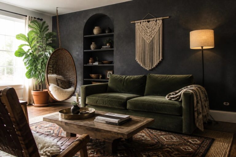 A living room featuring a dark charcoal wall with an arched built-in shelf unit above a green velvet sofa, a rustic wooden coffee table on a patterned rug, and a hanging wicker chair beside a potted plant.