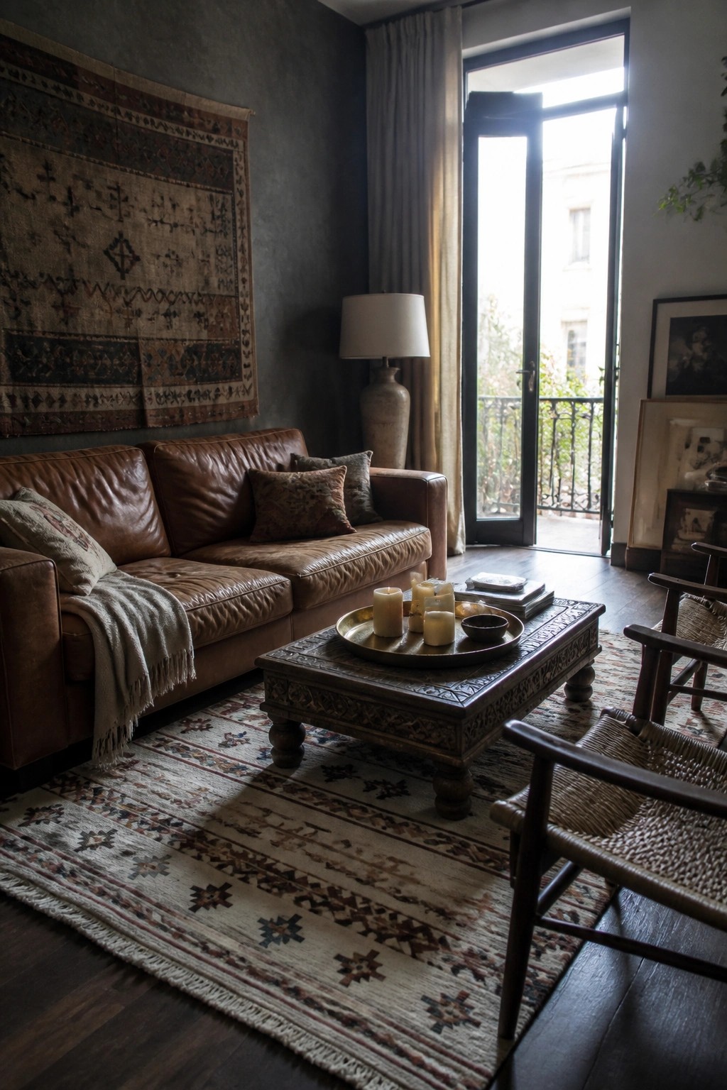 Brown leather sofa and ornate coffee table in rustic room with patterned rugs