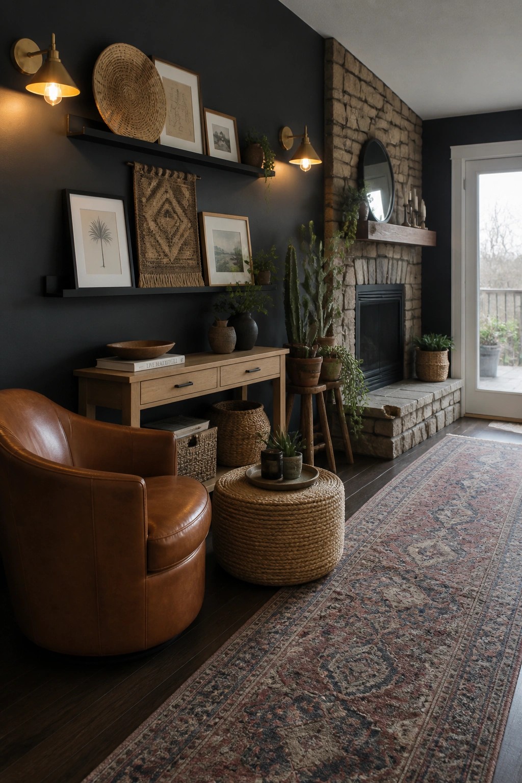 Cozy room with dark walls, stone fireplace, leather chair, woven ottoman, and patterned rug