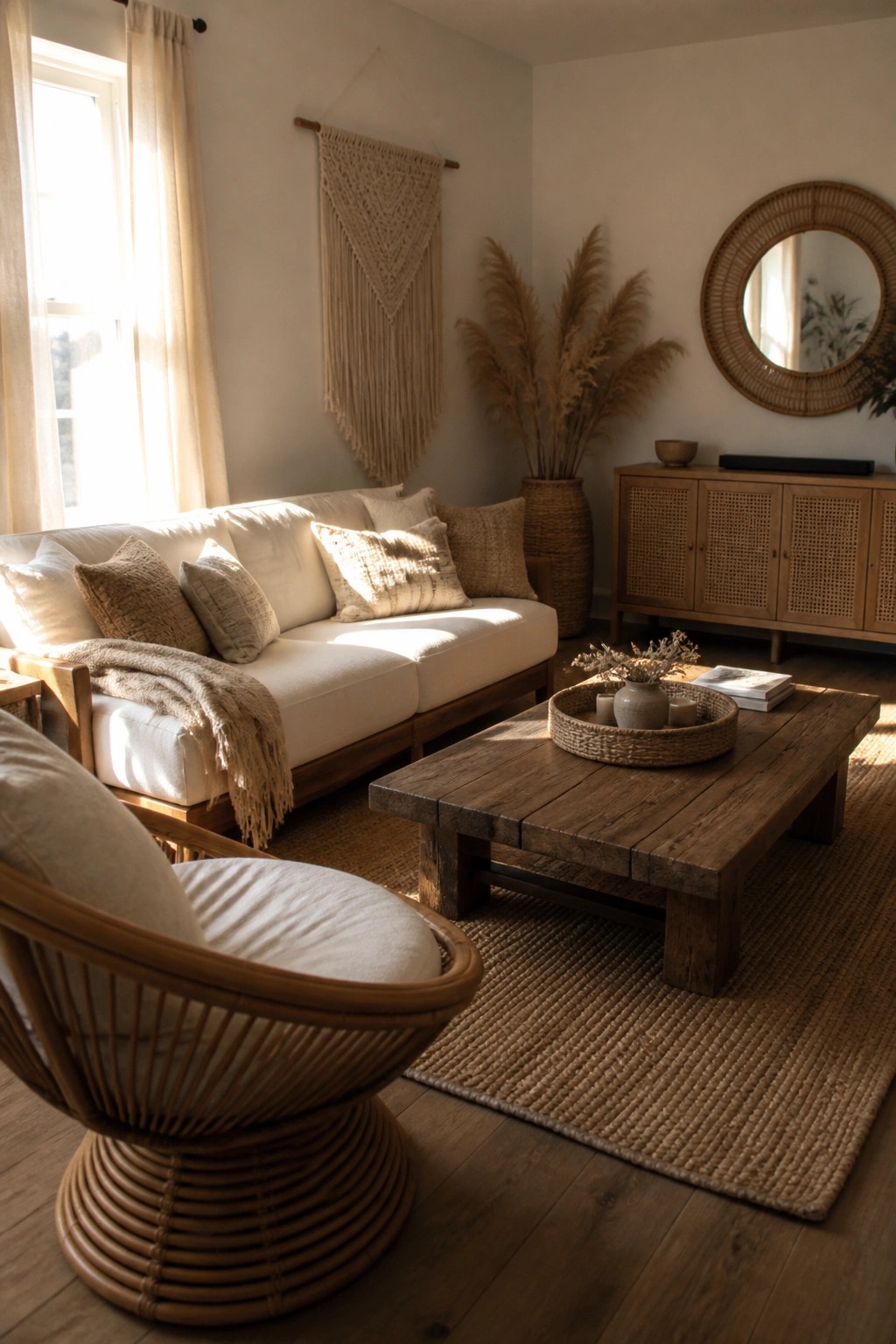 A living room with a white sofa, wooden coffee table, rattan swivel chair, macrame wall hanging, woven rug, and pampas grass arrangement.