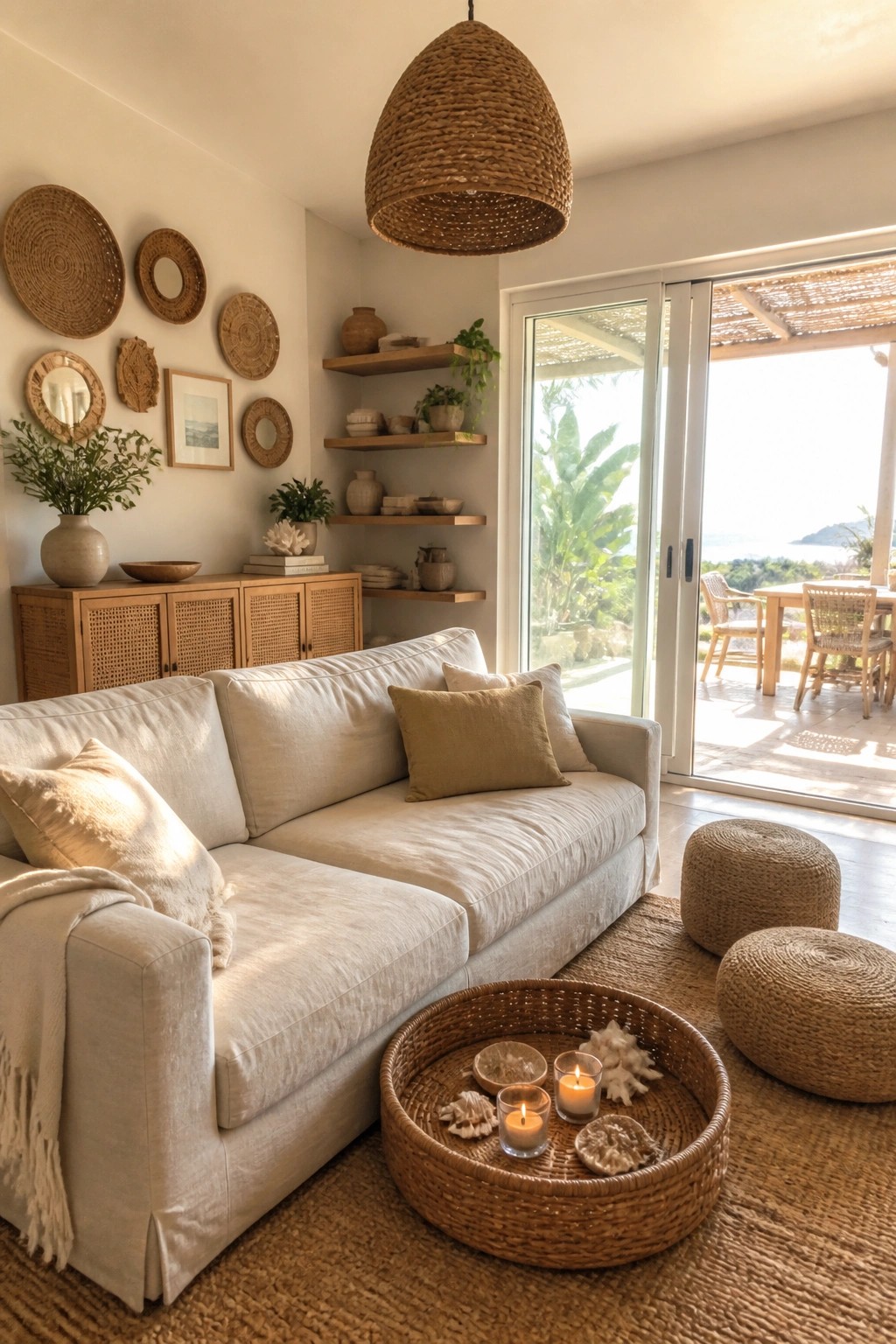A bright living room with a white sofa, woven rattan pendant light, wall-mounted baskets and mirrors, floating shelves with pottery, and an open view to an outdoor patio with a dining table.