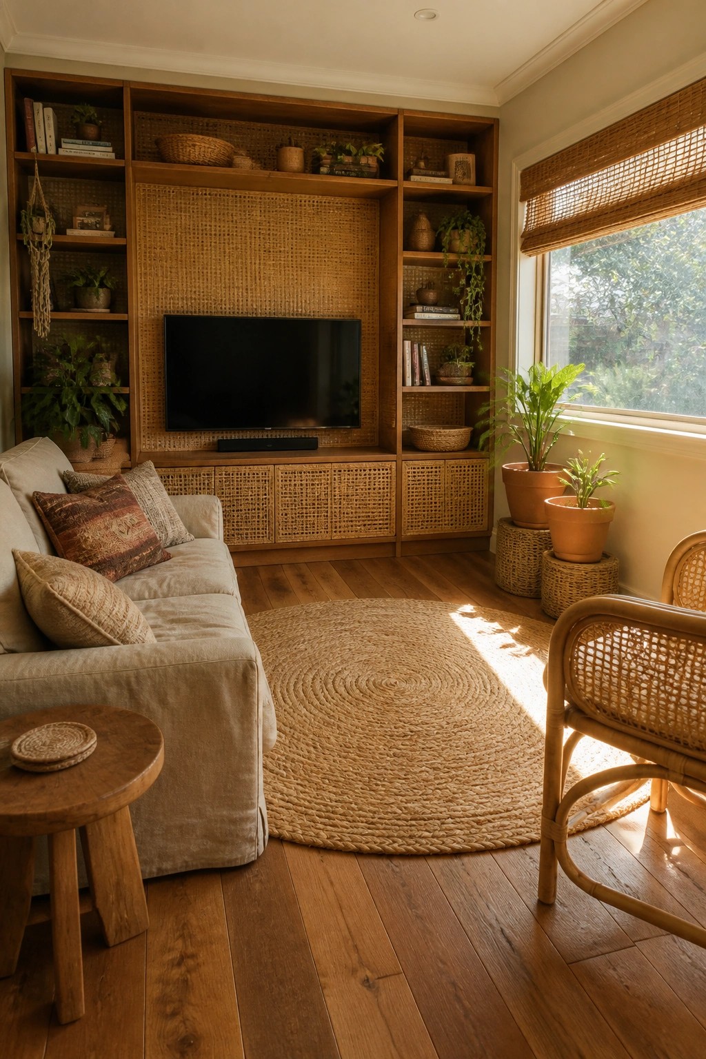 Cozy living room with wooden shelves, TV, jute rug, sofa, and potted plants.