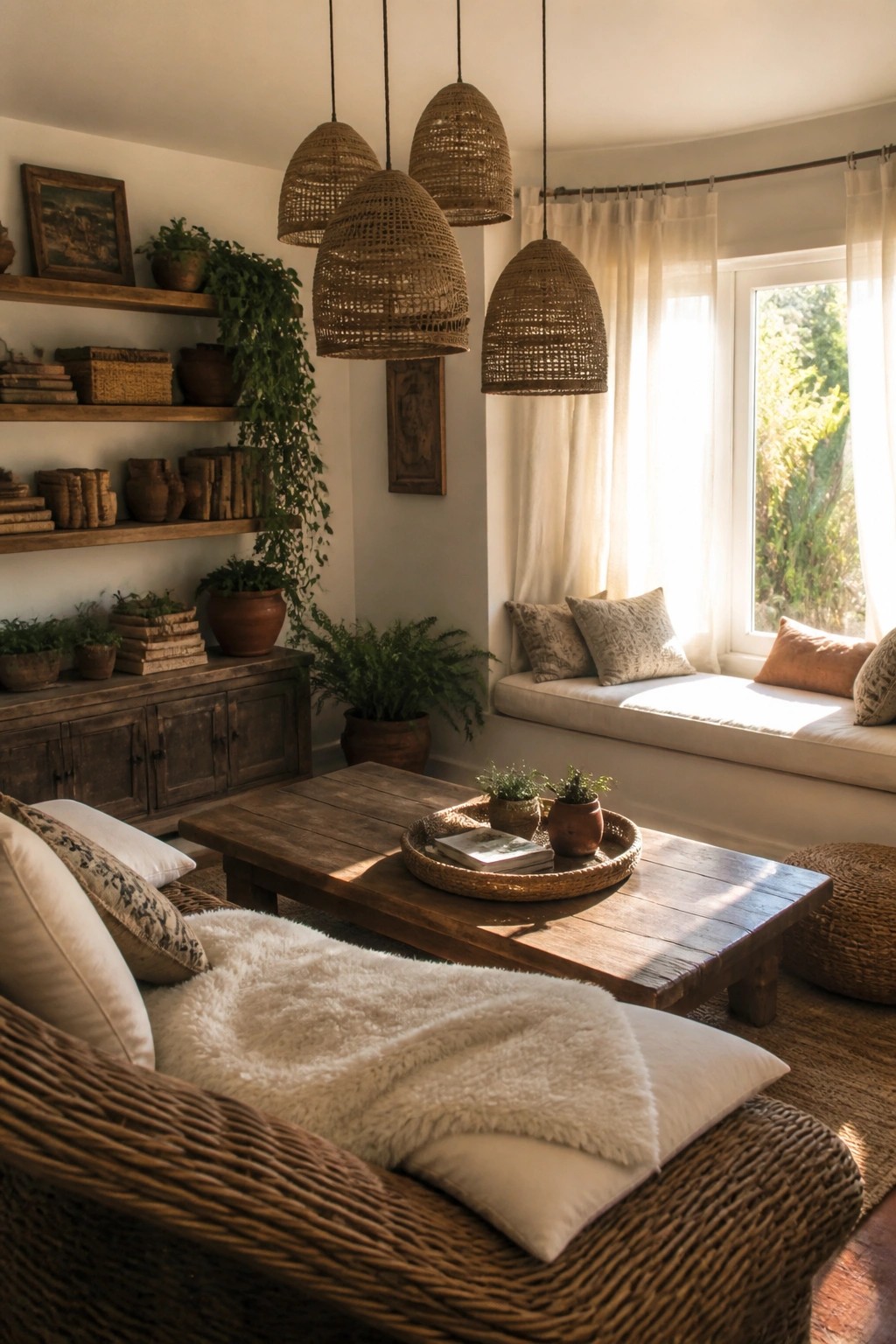 Cozy rustic room with woven pendant lights, wooden table, wicker chair, and plants