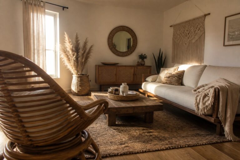19 Earthy Boho Living Room Decor Ideas Using Rattan and Woven Natural Materials A living room with a white sofa, wooden coffee table, rattan swivel chair, macrame wall hanging, woven rug, and pampas grass arrangement.