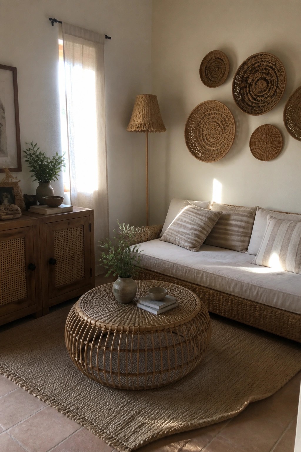 Sunlit living room with rattan sofa, round wicker table, and woven wall baskets.