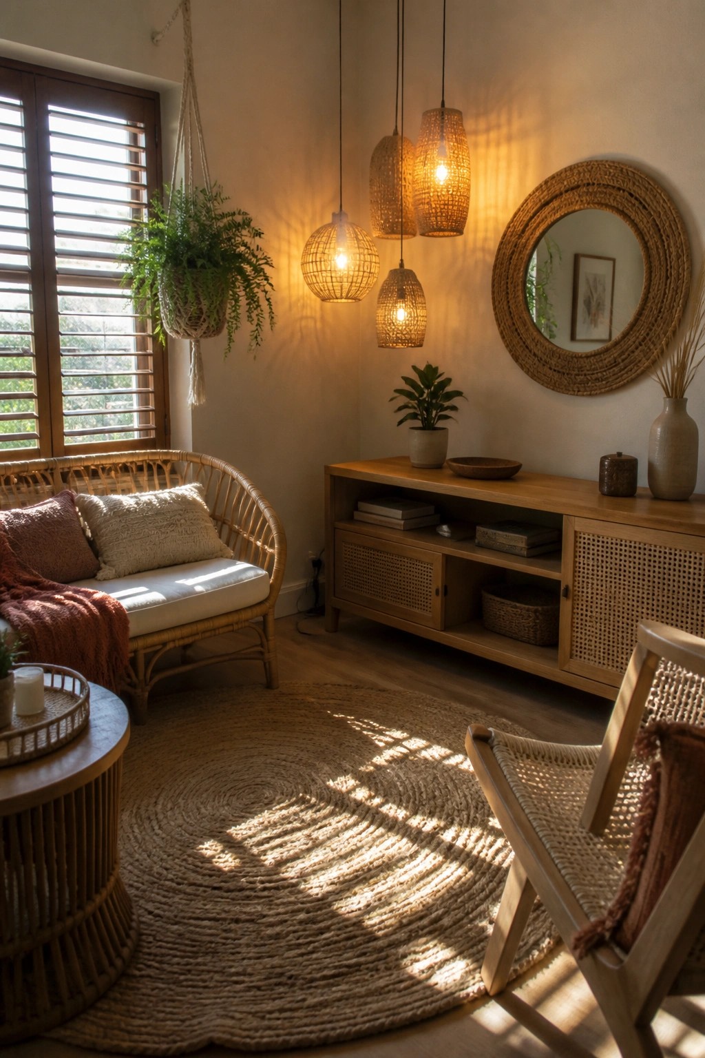 A living room corner with rattan chairs, woven pendant lights, a round jute rug, and a wooden console table with rattan doors.
