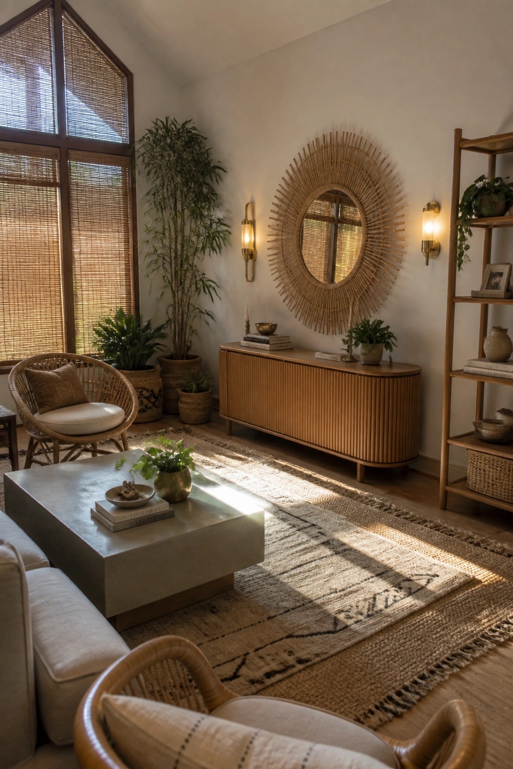 A living room with rattan chairs, a large woven rug on the floor, a wooden console table, a round sunburst mirror, and several potted plants near a window with woven shades.