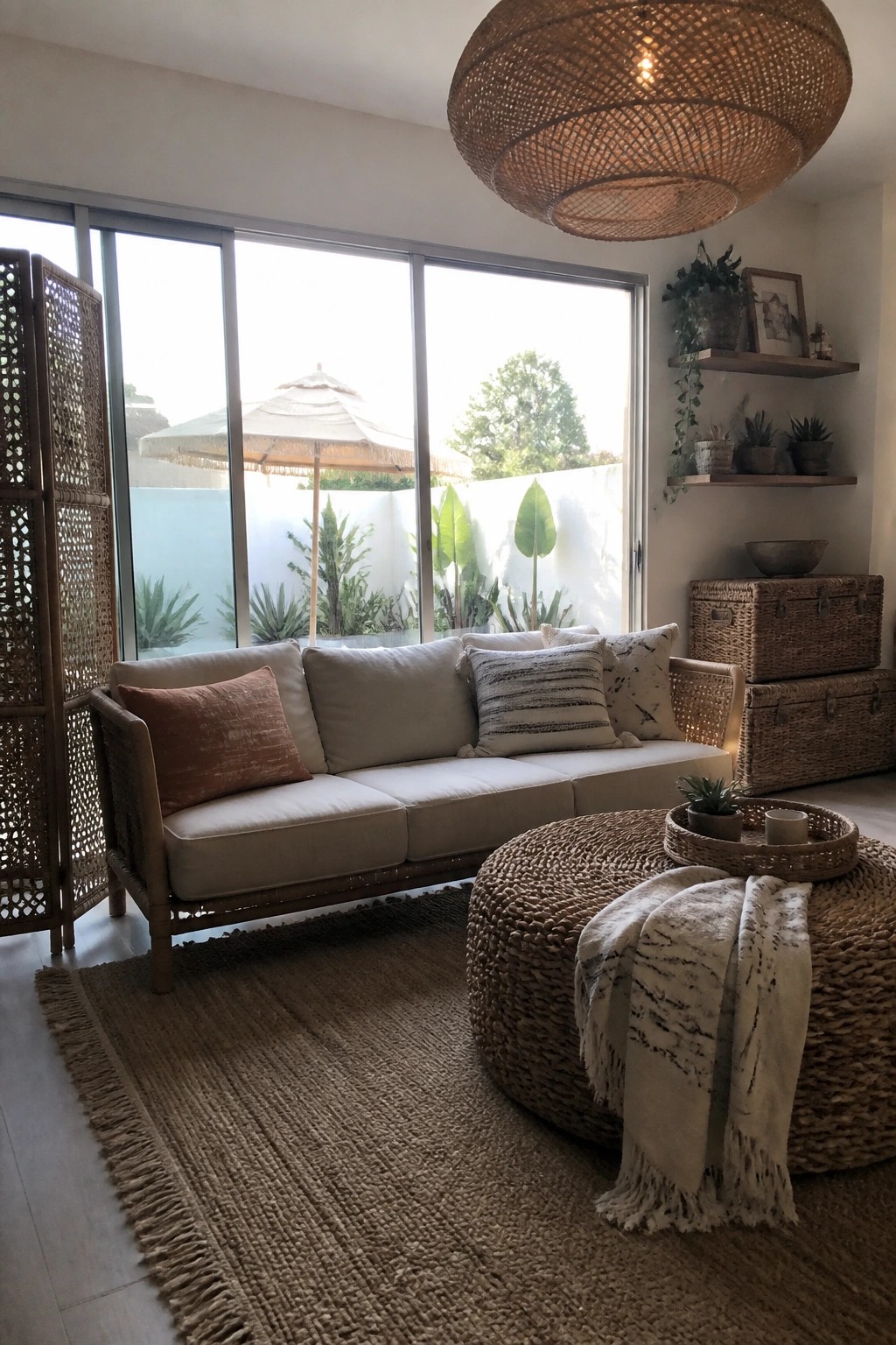 A living room featuring a light-colored sofa with a rattan frame, a large woven ottoman, and a woven pendant light hanging above.