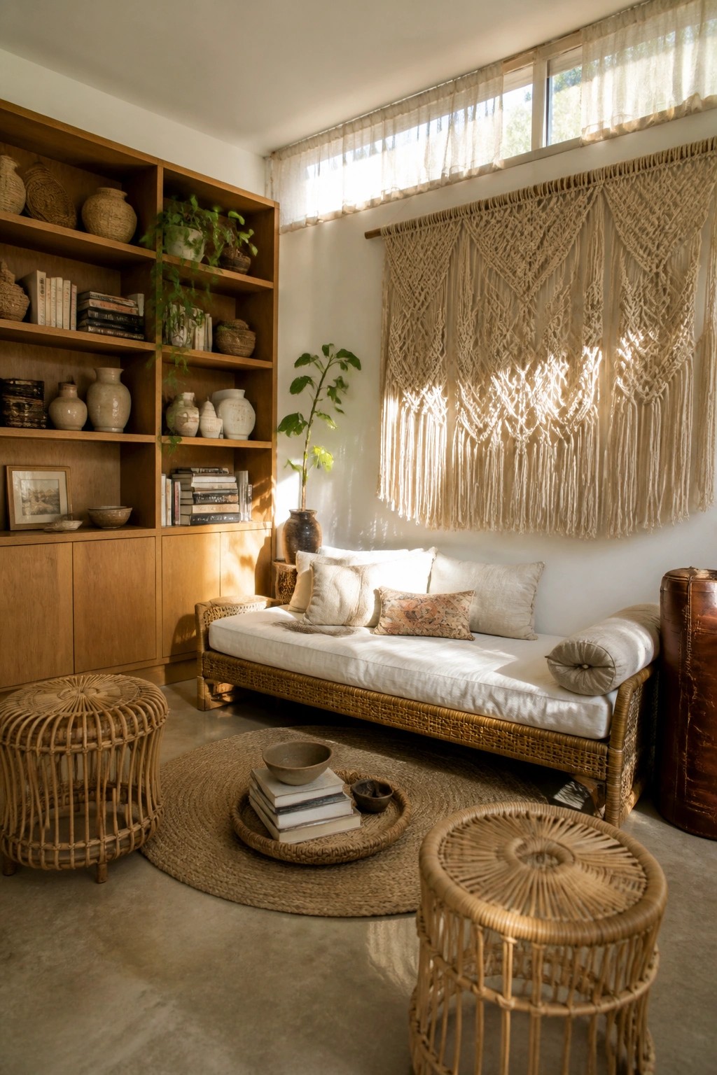 A sunlit living room with a rattan-framed daybed, white cushions, woven stools, a macrame wall hanging, and built-in wooden shelves holding books and pottery.