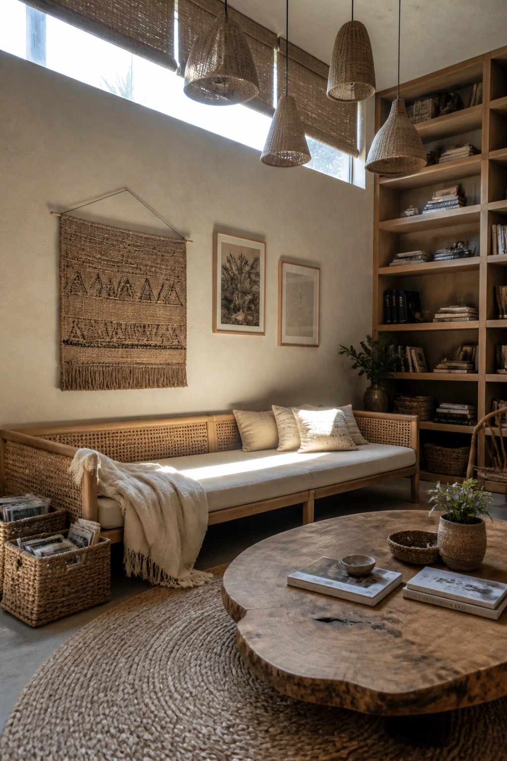 A living room with a long rattan and wood daybed against a light wall, topped with beige cushions and a white throw, surrounded by woven pendant lights, a woven wall hanging, framed art, a round wood coffee table, and woven baskets on a jute rug.