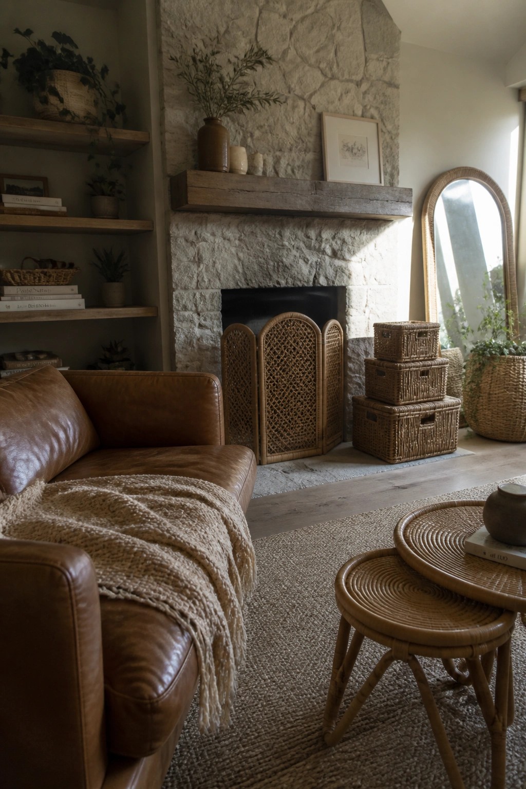 Cozy living room with leather sofa, stone fireplace, woven baskets, and rattan tables