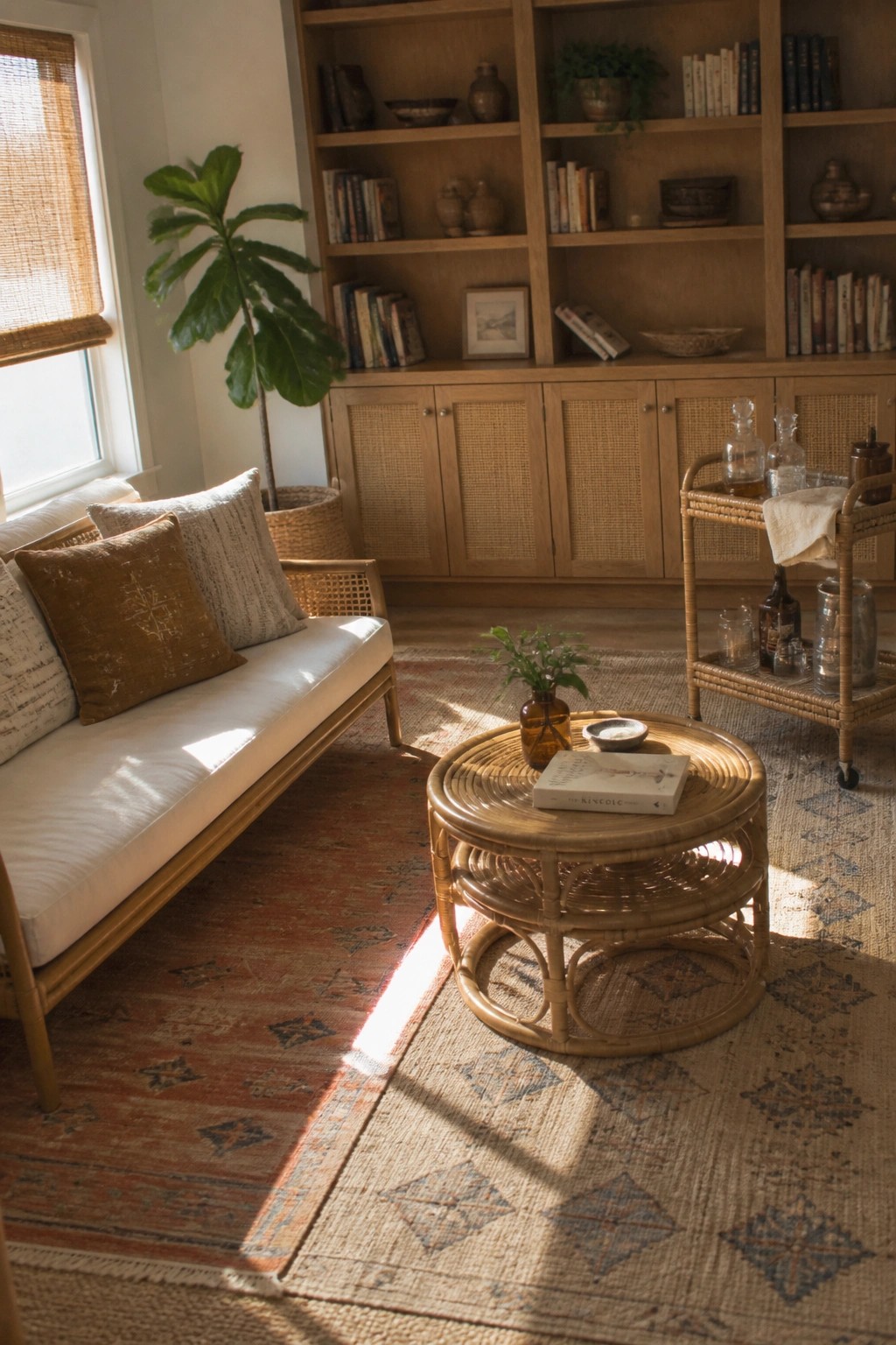 Cozy living room with rattan sofa, round coffee table, wooden bookshelves, and sunlight on rugs