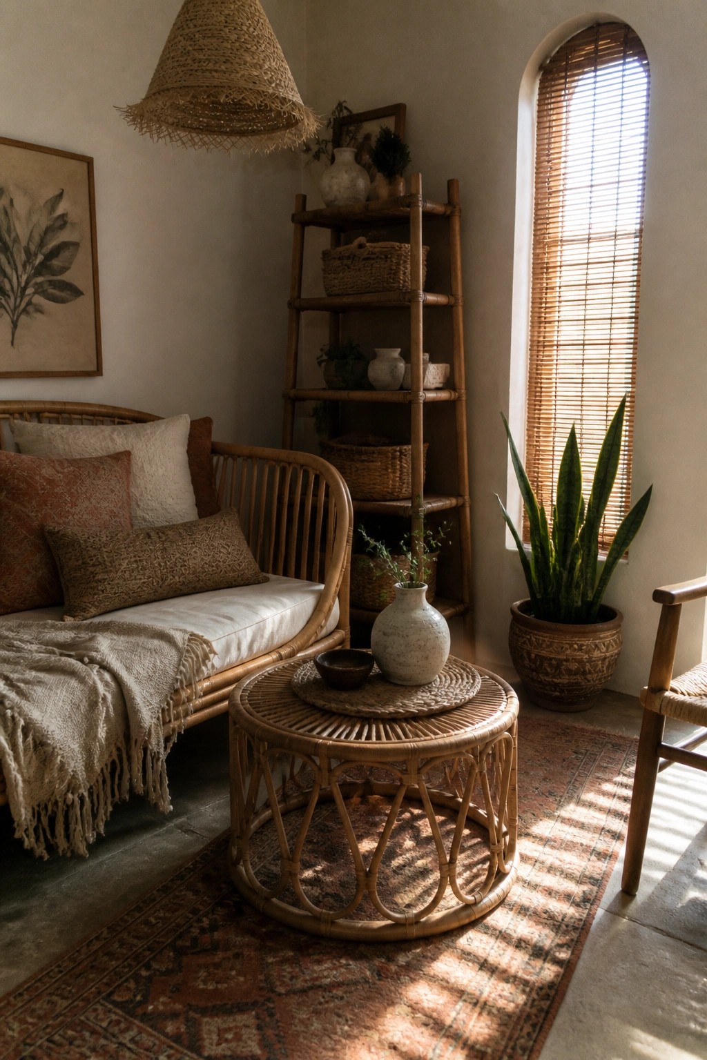 A corner of a living room featuring a rattan daybed with cushions and a throw, a round rattan coffee table holding a vase and bowl, a tall bamboo shelf with baskets, a potted snake plant, and an arched window with blinds.