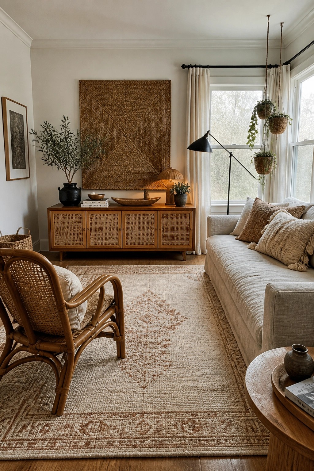 A living room with a rattan armchair in the foreground, a cane-front wood console, a large woven wall hanging, a light sofa with textured pillows, and a patterned area rug on hardwood floors.