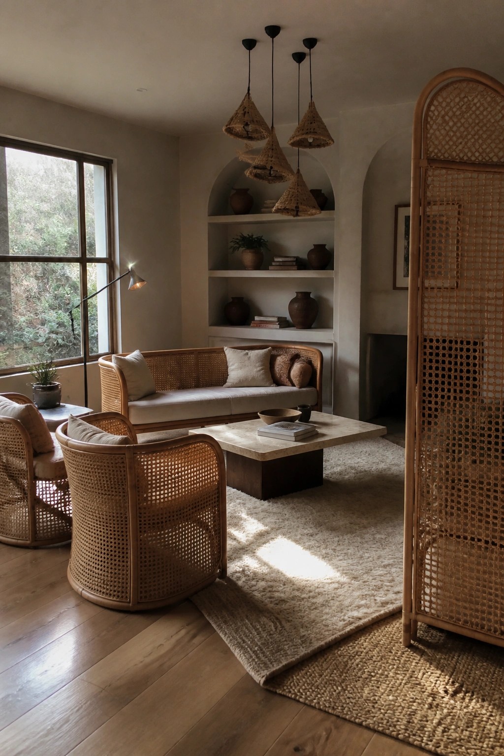 Living room with rattan sofa, two rattan armchairs, woven pendant lights, built-in shelves, and a rattan room divider.