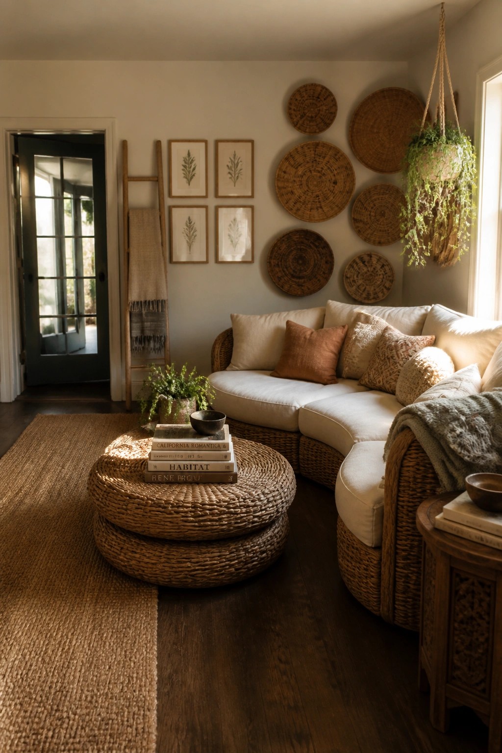 A living room with a curved rattan sectional sofa, stacked woven rattan tables used as a coffee table, and woven baskets arranged on the wall above.