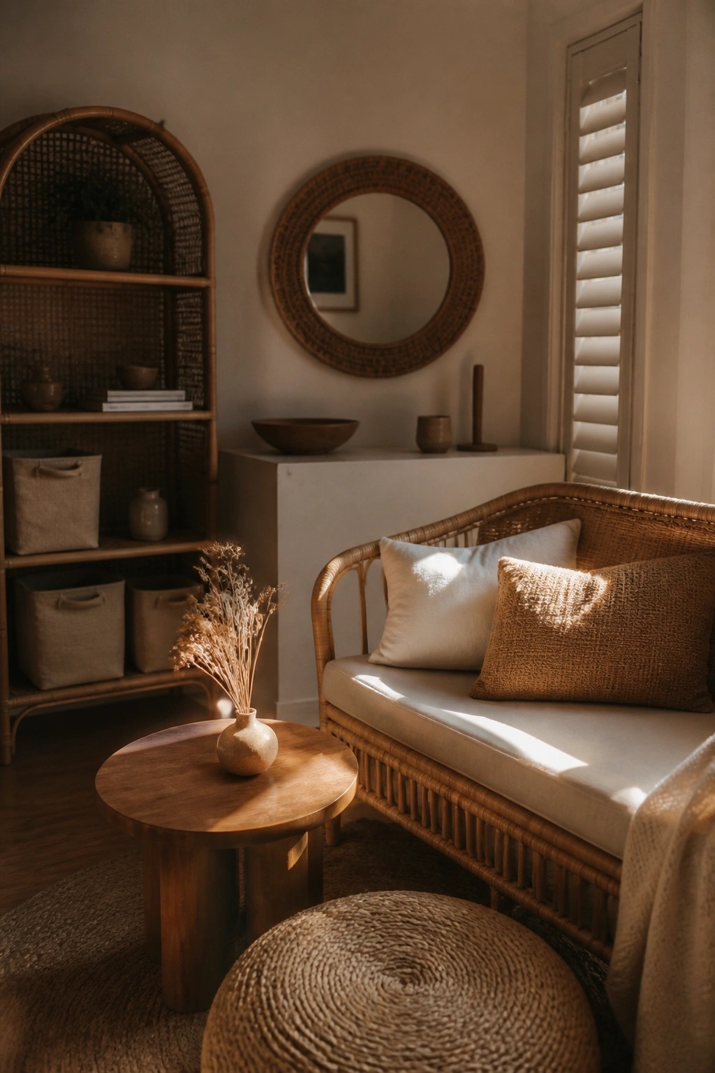 A sunlit living room corner with a rattan sofa, round woven ottoman, wooden coffee table holding a small vase, and rattan arched shelving unit against a light wall.