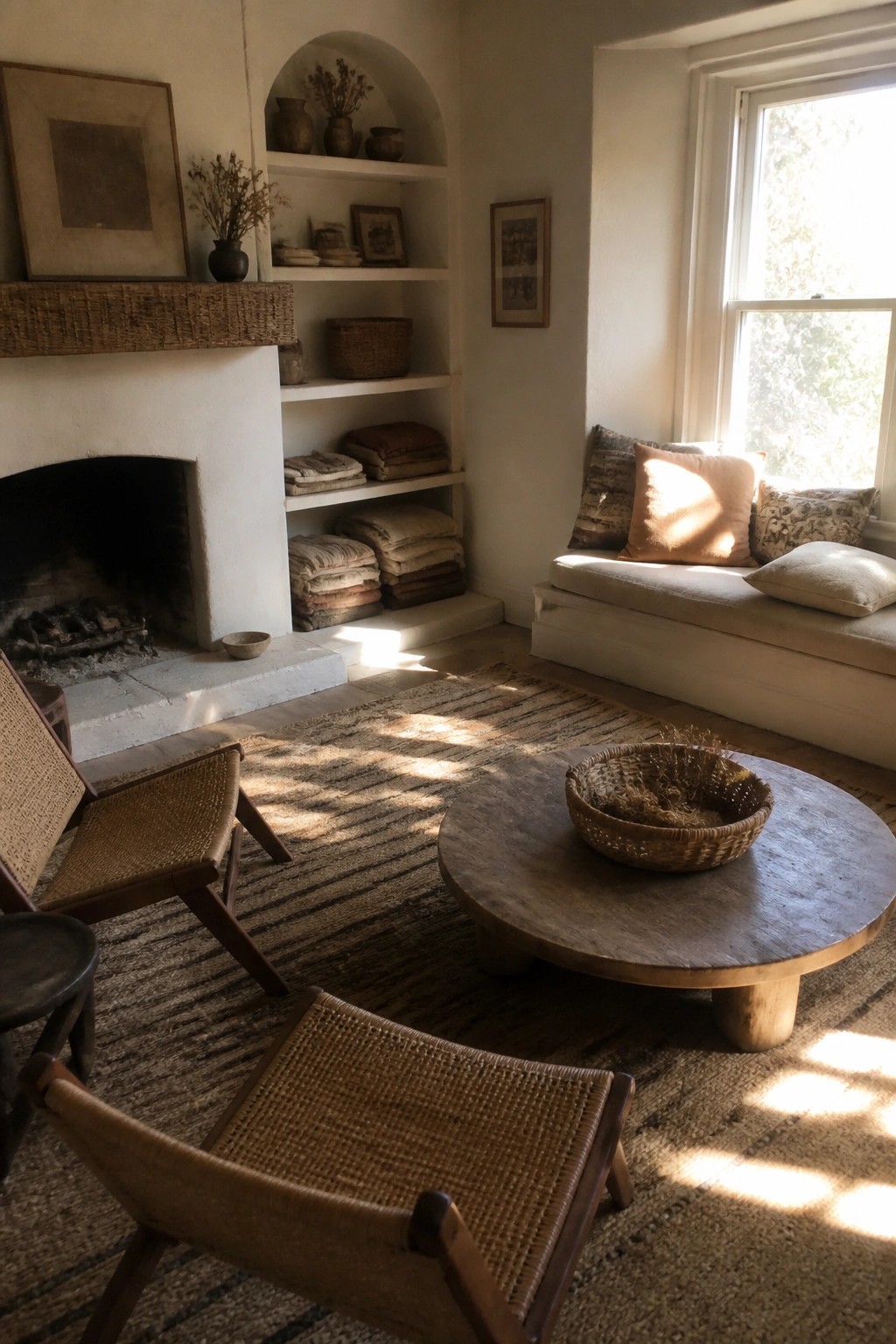 Cozy sunlit room with fireplace, built-in shelves, window seat, woven chairs, and round table.