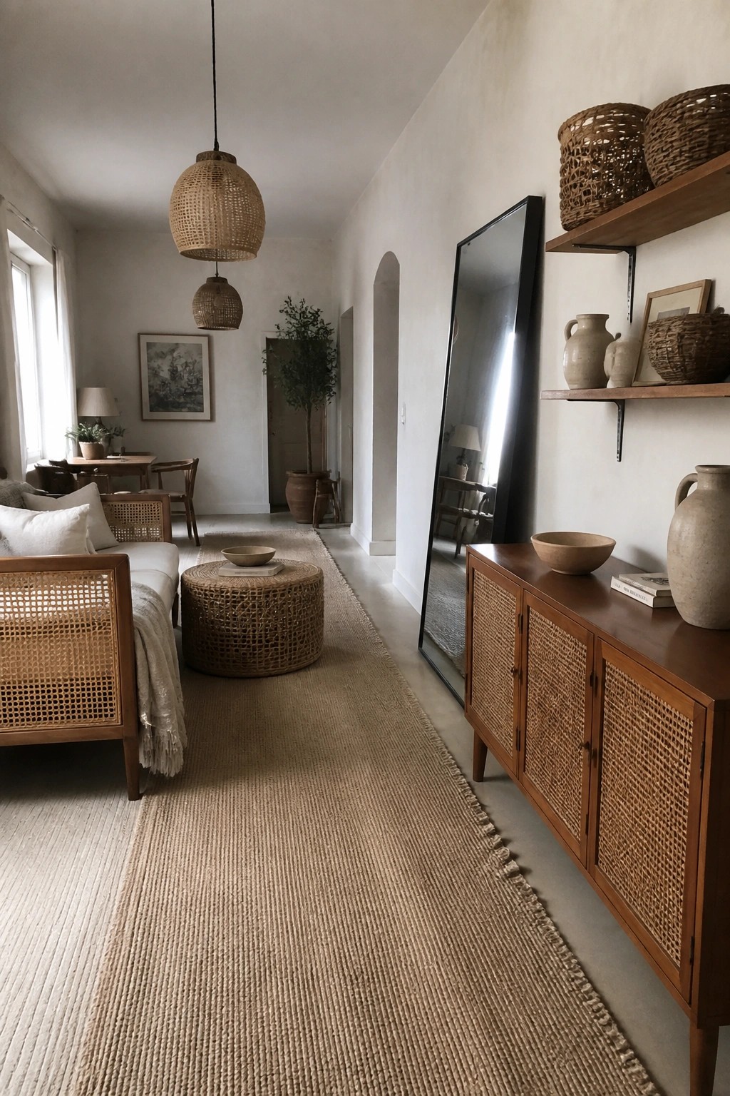 A narrow living room featuring a rattan sofa, woven round coffee table, rattan-front sideboard, two hanging woven pendant lights, and wooden floating shelves with baskets and pottery.