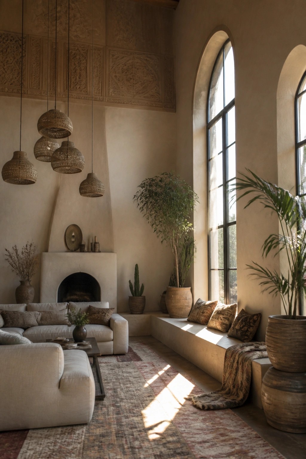 A living room interior showing a long built-in bench seat with pillows beneath tall arched windows, next to a light-colored sofa and fireplace.