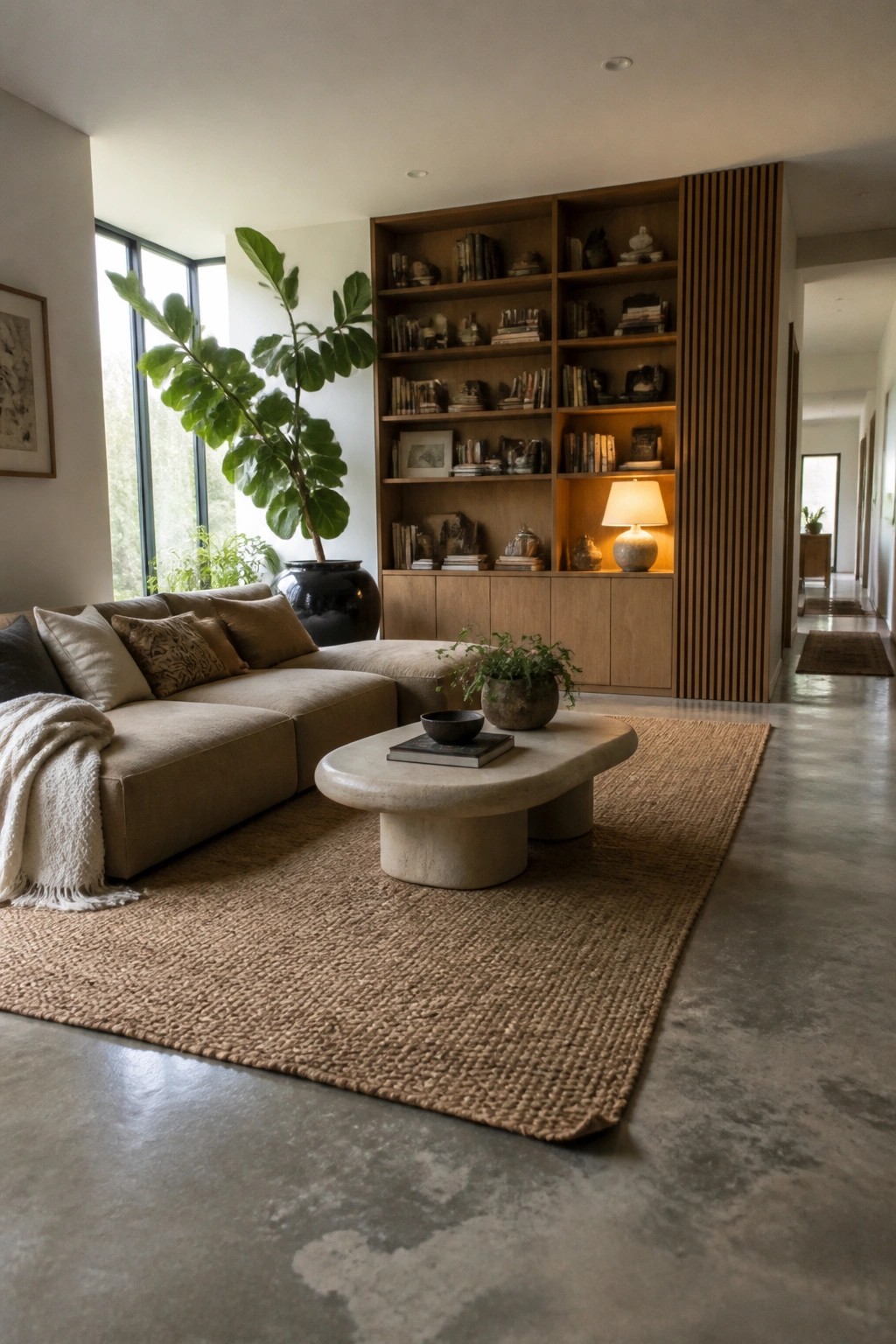 A modern living room with a large beige sectional sofa, stone coffee table, and woven jute rug on a concrete floor, backed by built-in wooden bookshelves.