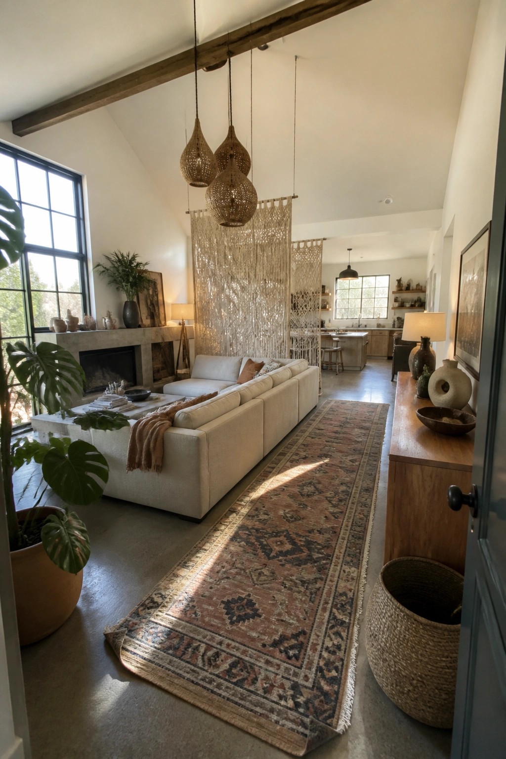 A spacious living room featuring a long white sectional sofa positioned on a long patterned runner rug, with hanging woven pendant lights and macrame dividers in the background.
