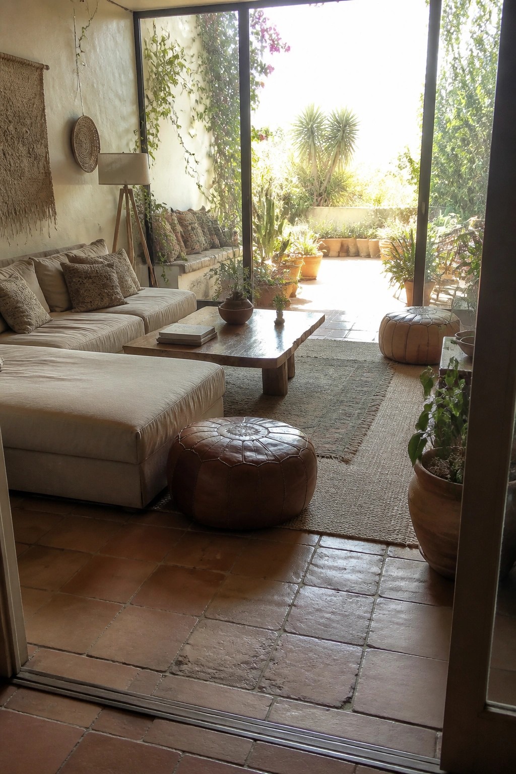 A boho living room with a beige sectional sofa, wooden coffee table, two brown leather poufs on a jute rug, and large open doors leading to a plant-filled patio.