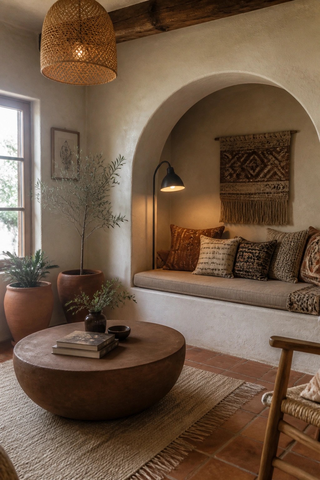 A living room featuring a built-in bench inside an arched alcove with multiple pillows, a woven wall hanging above, a round coffee table on a rug, and potted plants nearby.