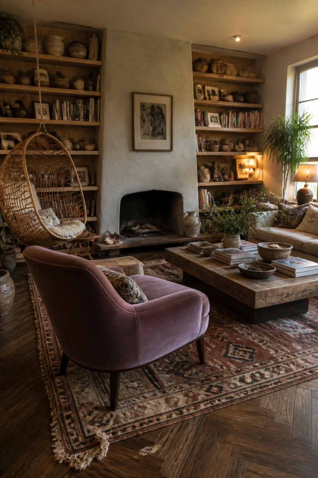 A living room featuring a central fireplace flanked by wooden built-in shelves filled with books and pottery, a hanging wicker chair on the left, and a purple velvet armchair in the foreground on a patterned rug.