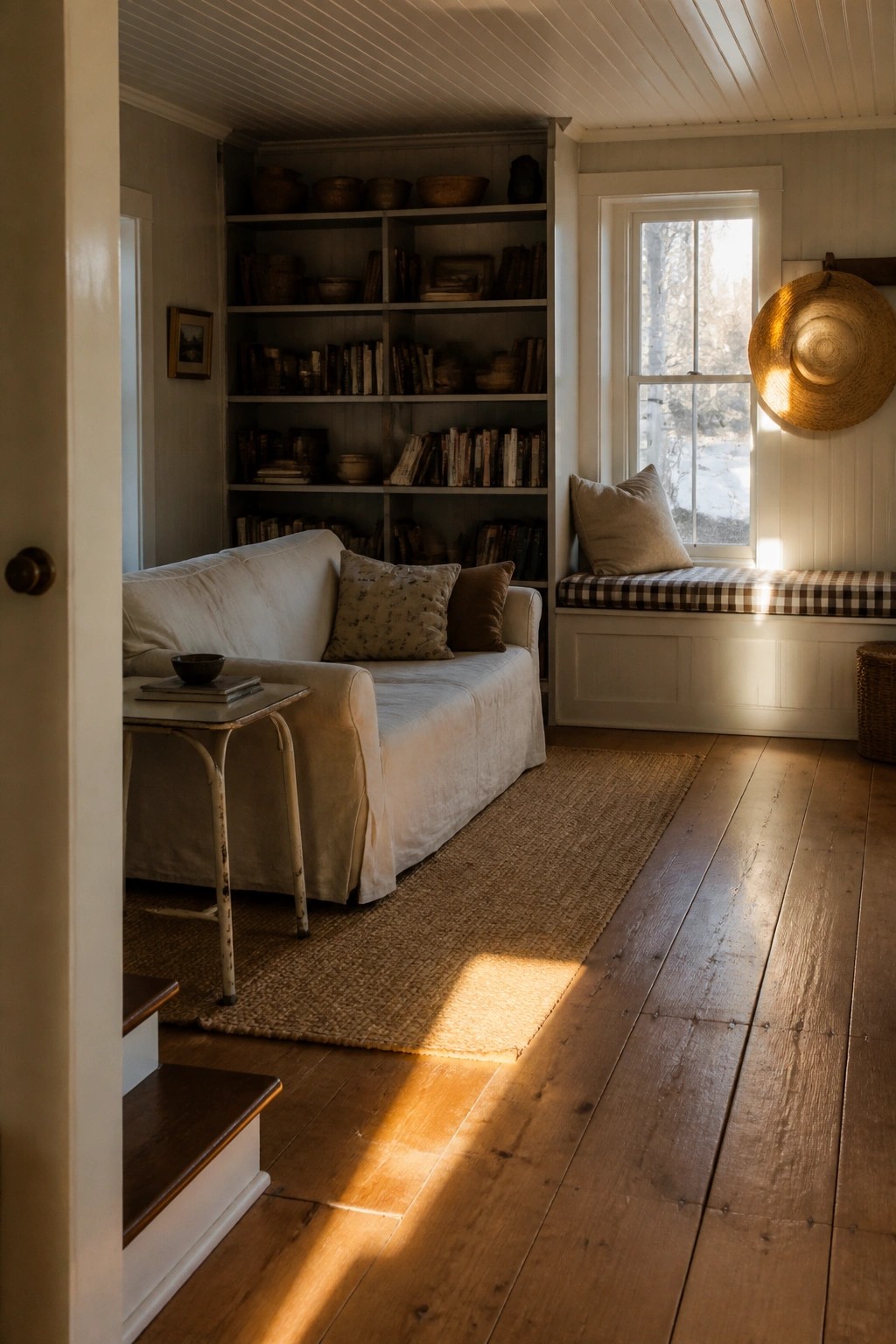A living room interior with a white slipcovered sofa, built-in bookshelves filled with books and baskets, a window seat with a gingham cushion, and sunlight on wooden floors.