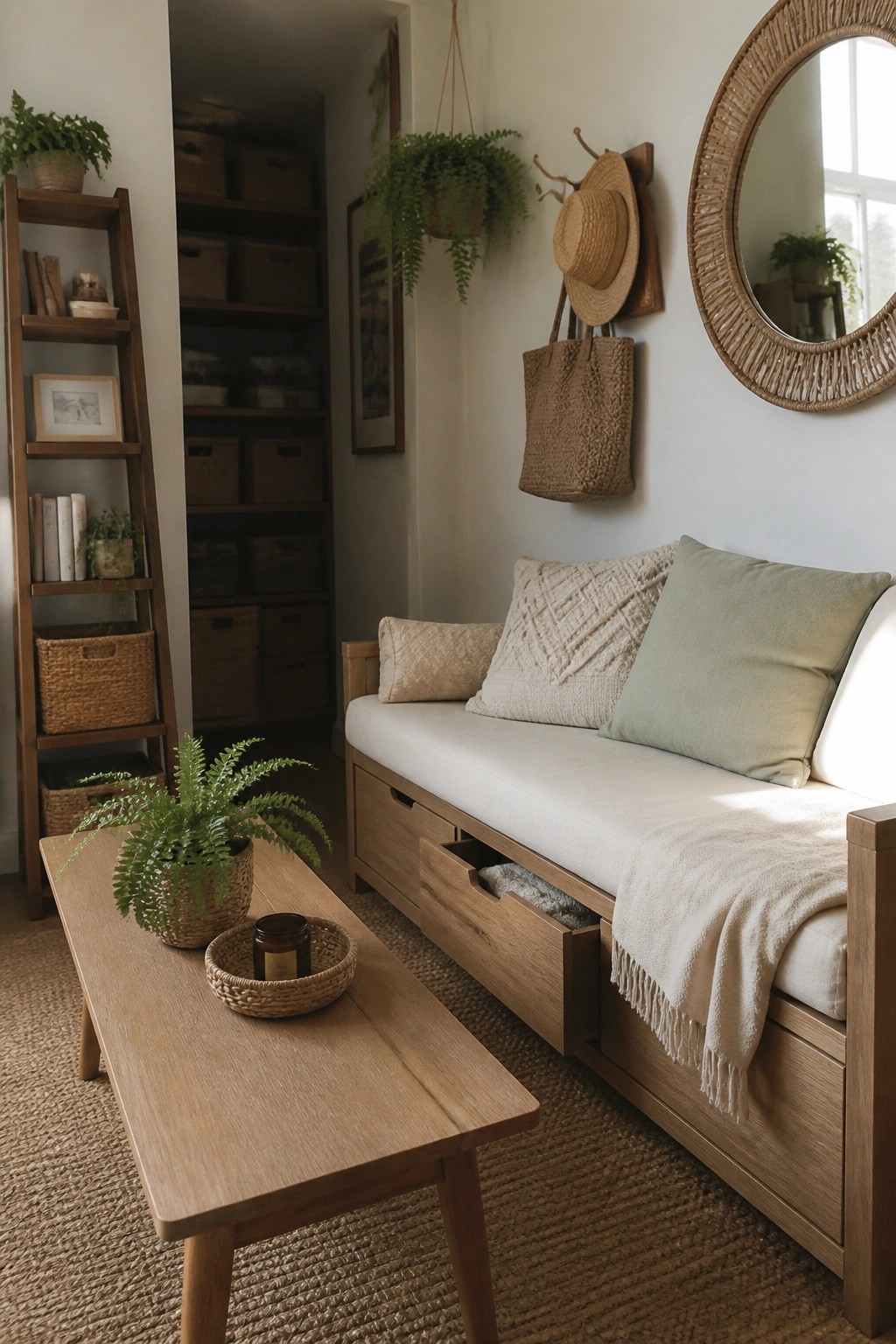 A wooden storage bench with open drawers sits in a living room next to a low coffee table, potted plants, and neutral pillows.