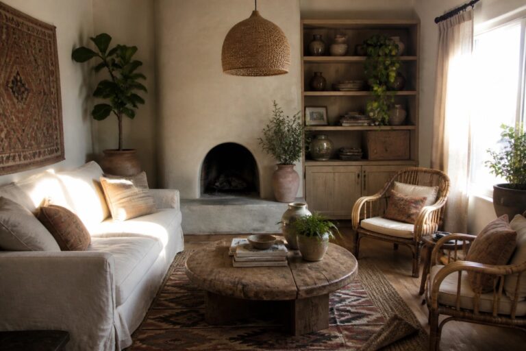 A living room with a white sofa, round wooden coffee table, rattan chairs, and built-in wooden shelves holding pottery, books, and plants beside a fireplace.