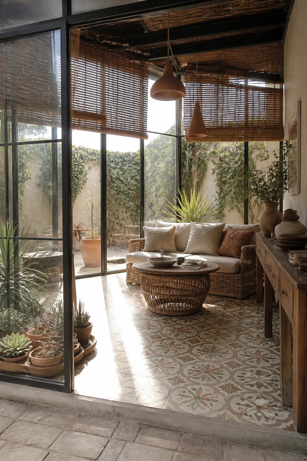 A sunlit interior living space with a wicker sofa, round rattan coffee table, patterned tile floor, wooden console, and numerous potted plants beside large glass doors opening to a garden.
