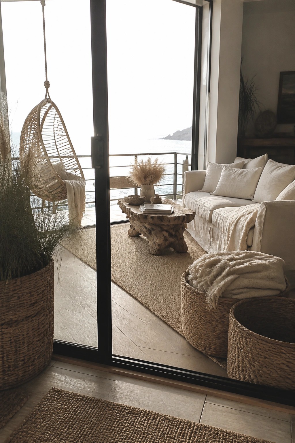 A bright living room with a white sofa, rustic wood coffee table, and large beige jute rug on light wood flooring, with woven baskets nearby and a glass door open to a balcony.
