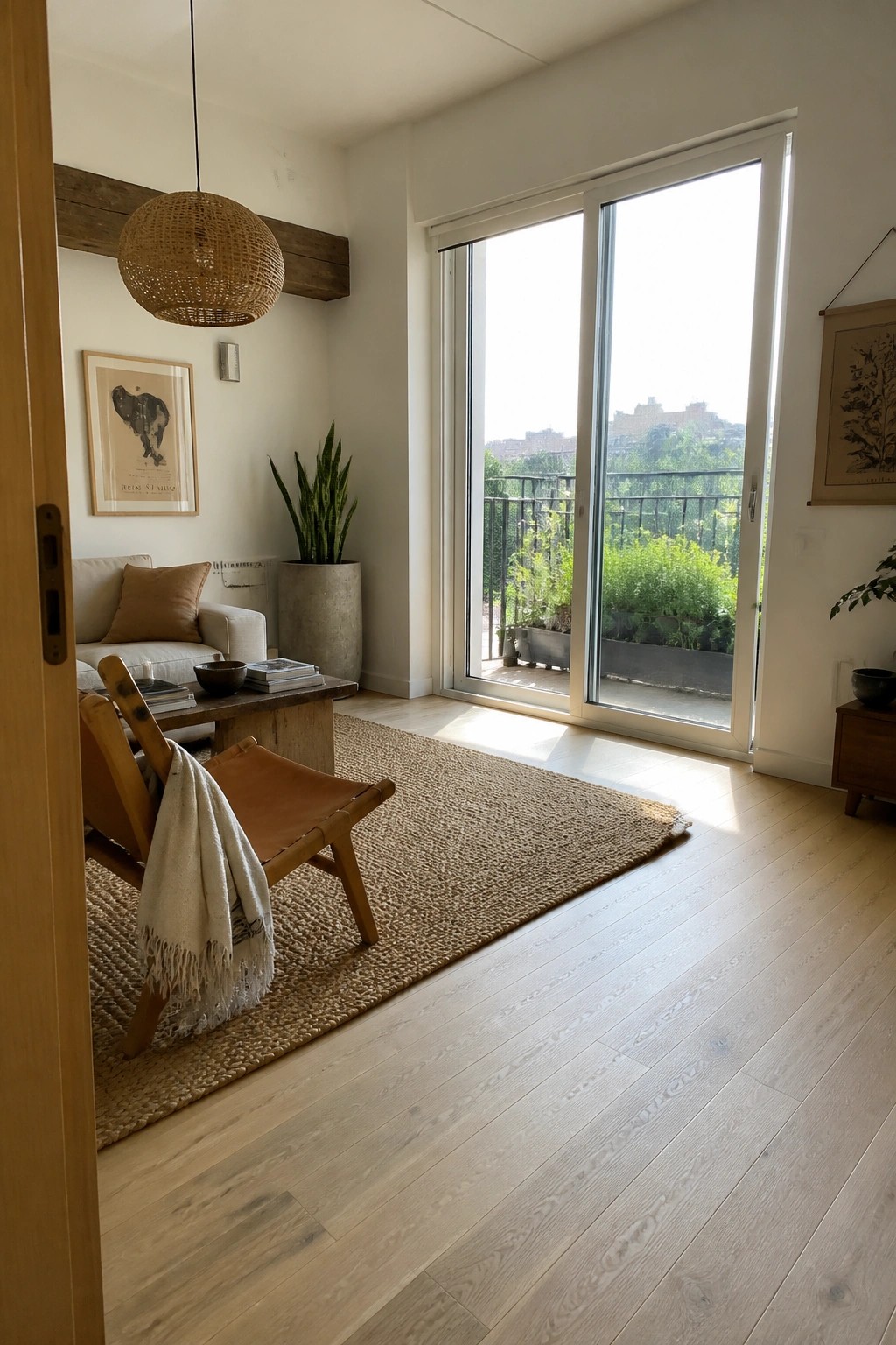 A bright living room with light wood floors, a large woven rug under a wooden coffee table and leather sling chair, a sofa against the wall, and sliding glass doors opening to a balcony.