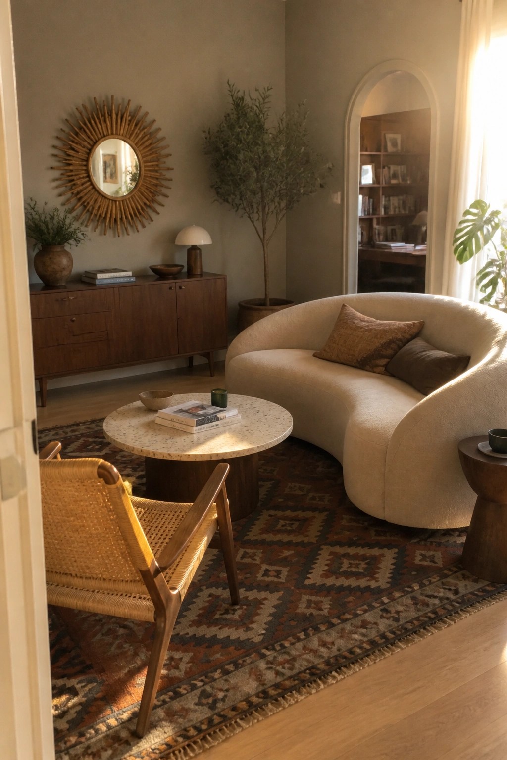 A living room with a curved beige sofa, round stone coffee table, and large patterned rug, plus a wooden sideboard and sunburst mirror on the wall.