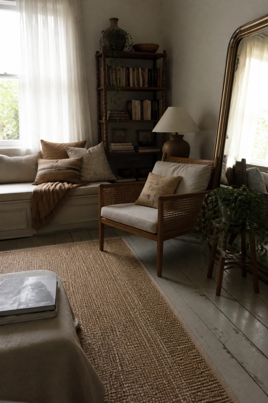 A living room interior showing a large jute rug on painted wood floors, a wooden armchair with cane sides and neutral cushions, and a window seat with pillows and a throw blanket.